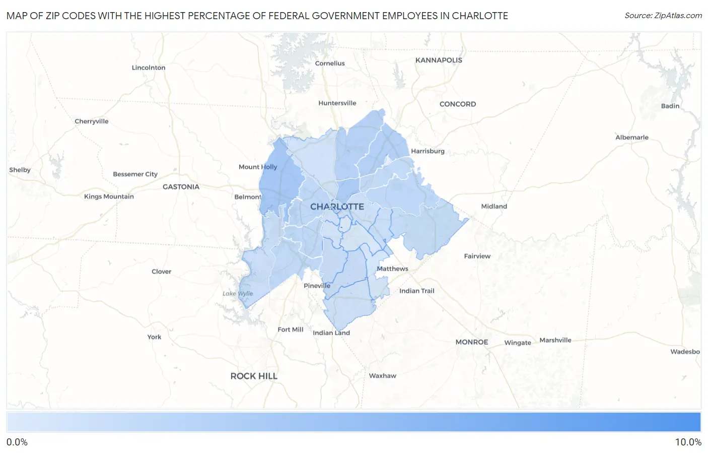 Zip Codes with the Highest Percentage of Federal Government Employees in Charlotte Map