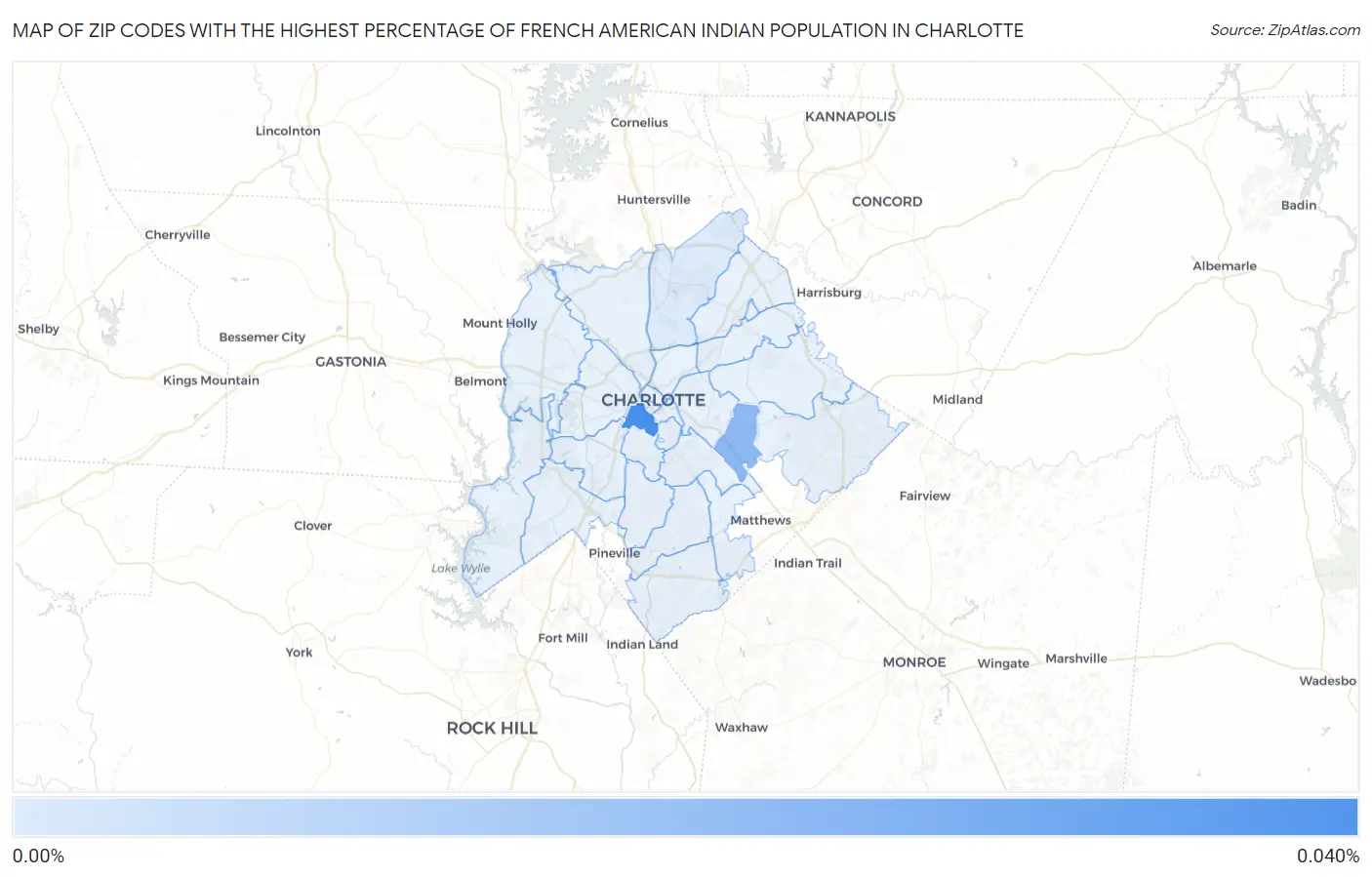 Zip Codes with the Highest Percentage of French American Indian Population in Charlotte Map