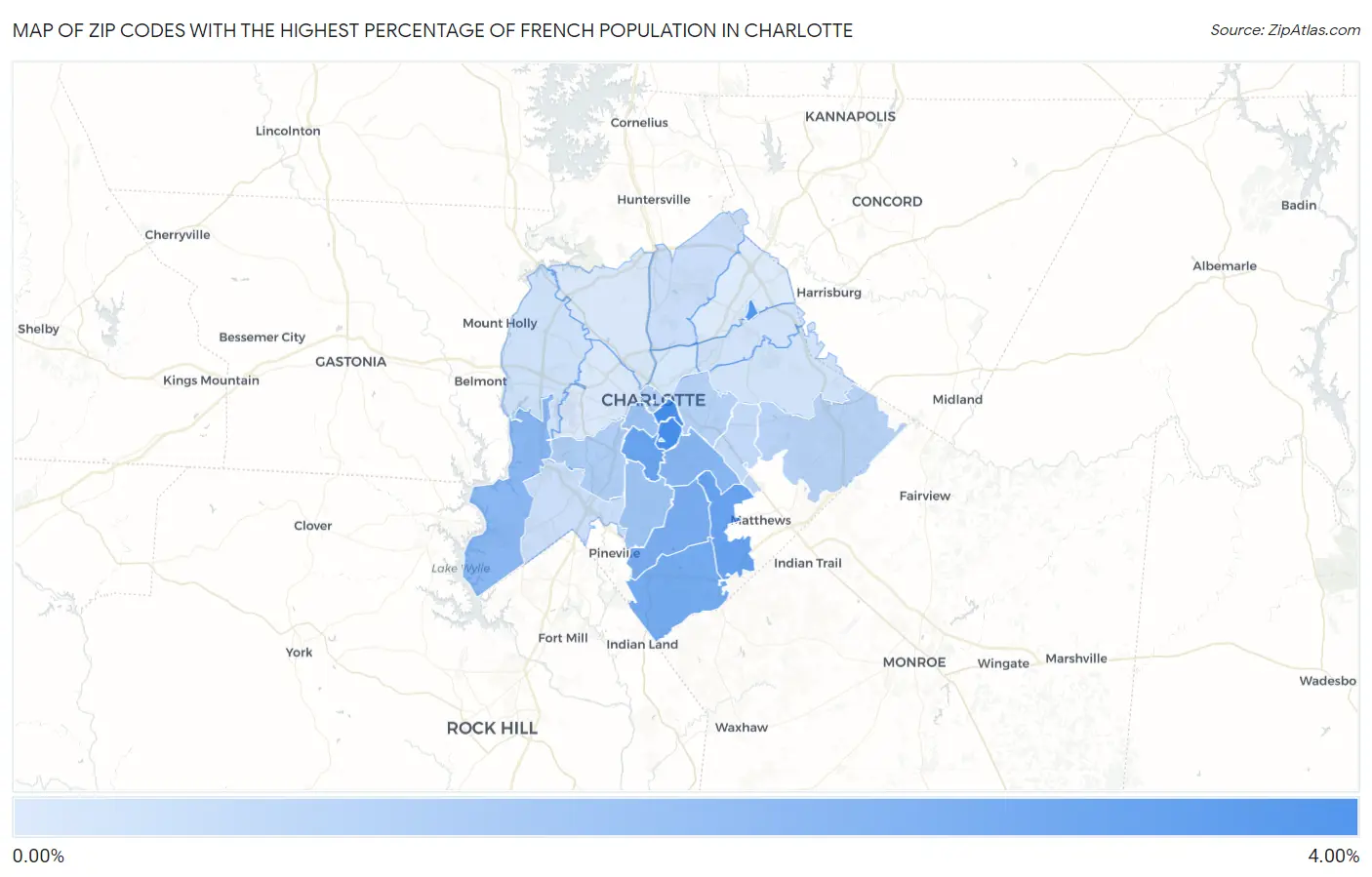 Zip Codes with the Highest Percentage of French Population in Charlotte Map