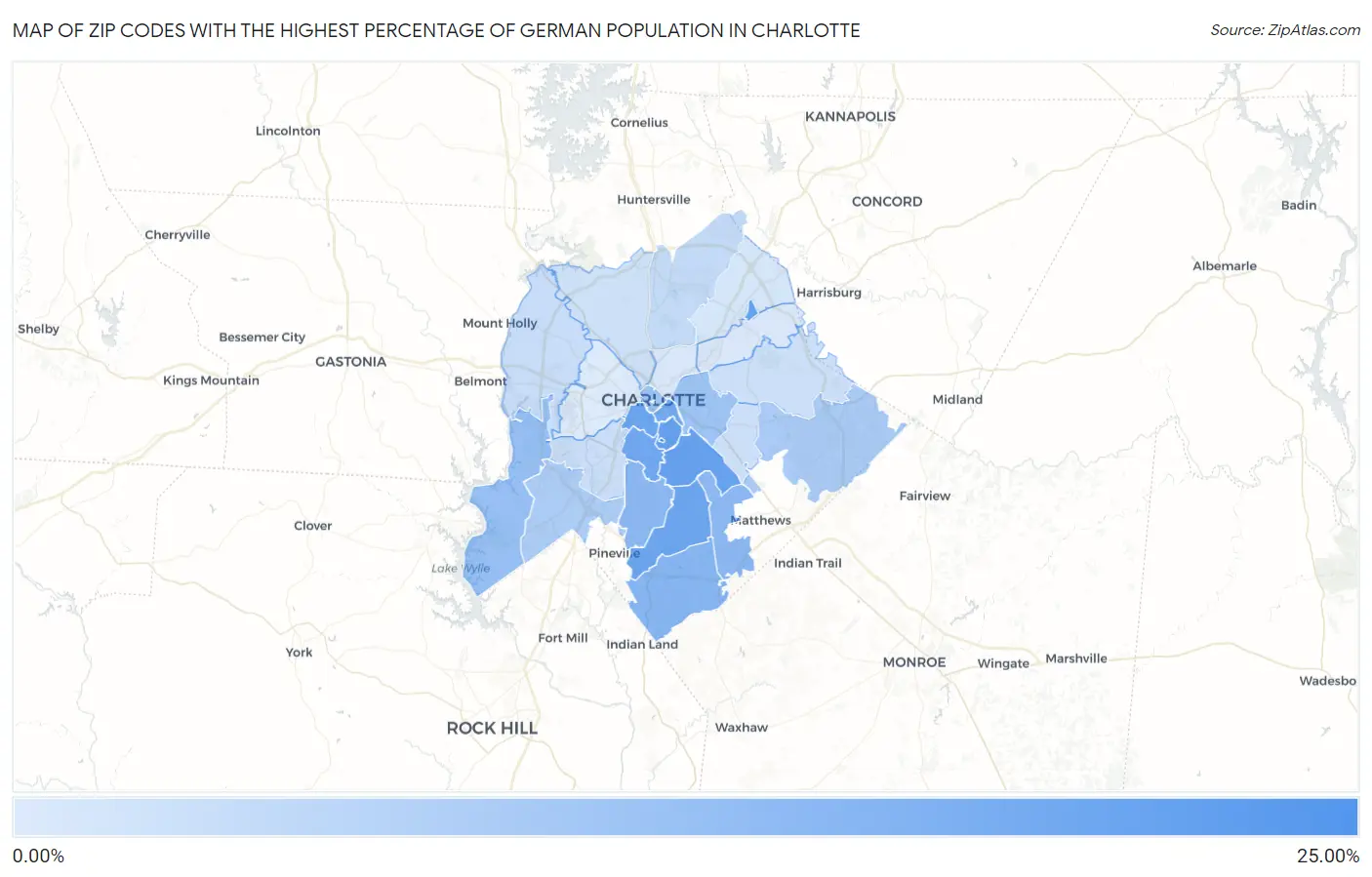 Zip Codes with the Highest Percentage of German Population in Charlotte Map