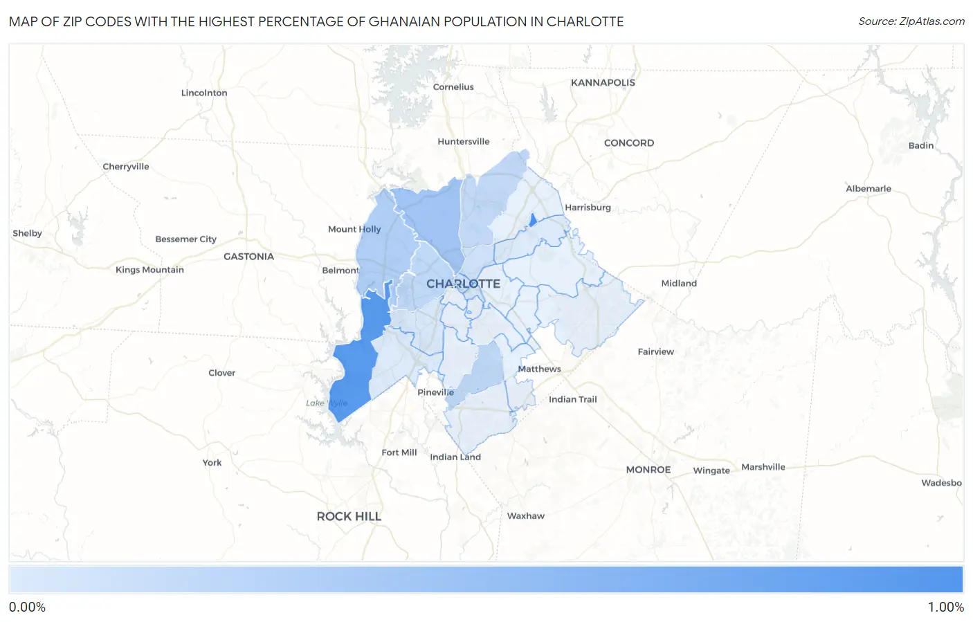 Zip Codes with the Highest Percentage of Ghanaian Population in Charlotte Map