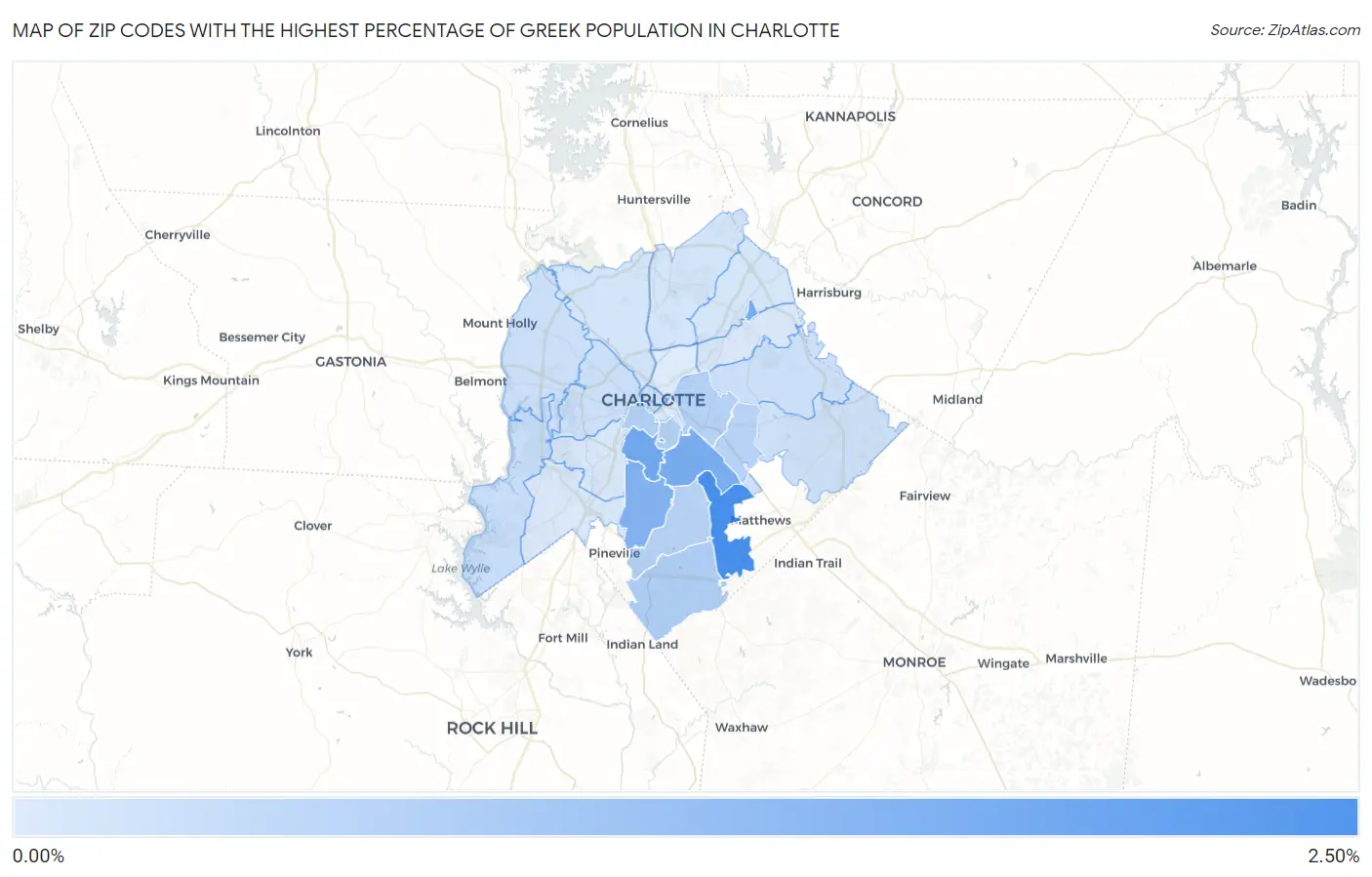 Zip Codes with the Highest Percentage of Greek Population in Charlotte Map
