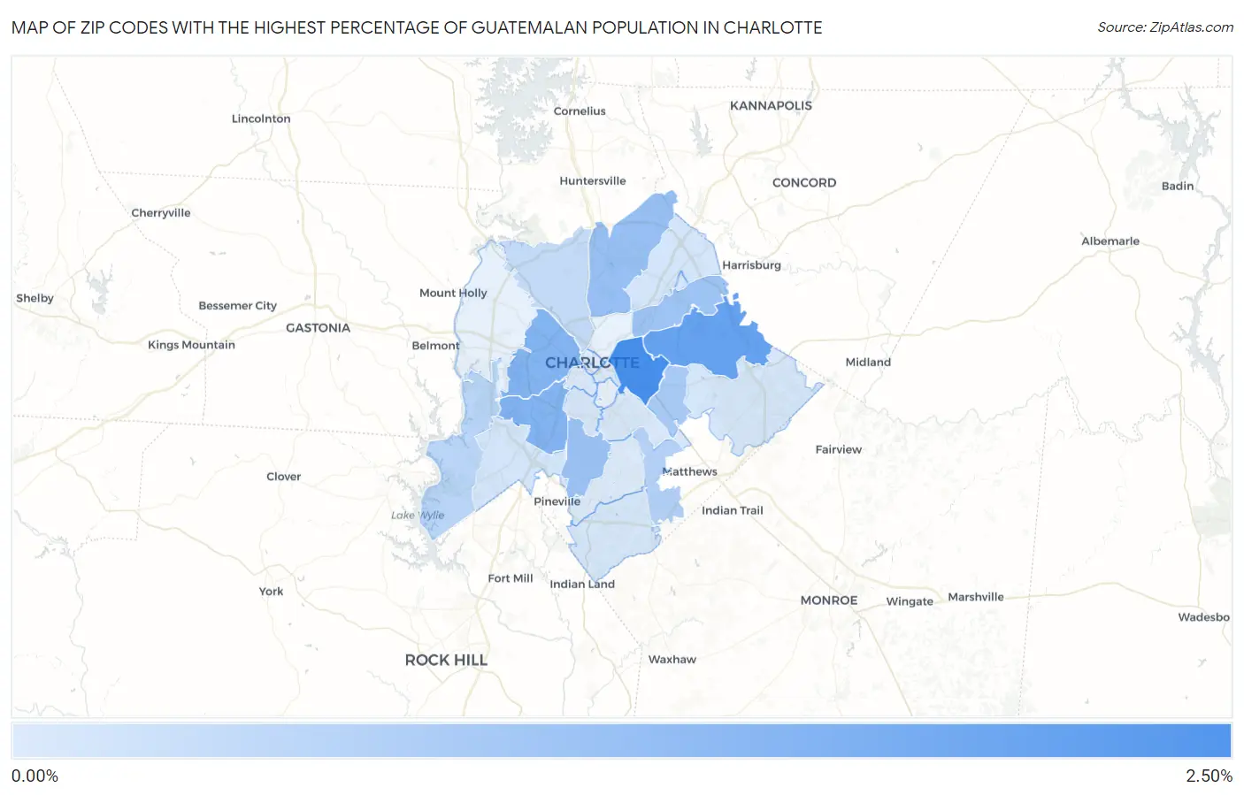 Zip Codes with the Highest Percentage of Guatemalan Population in Charlotte Map
