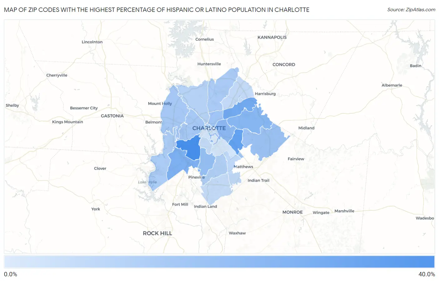 Zip Codes with the Highest Percentage of Hispanic or Latino Population in Charlotte Map