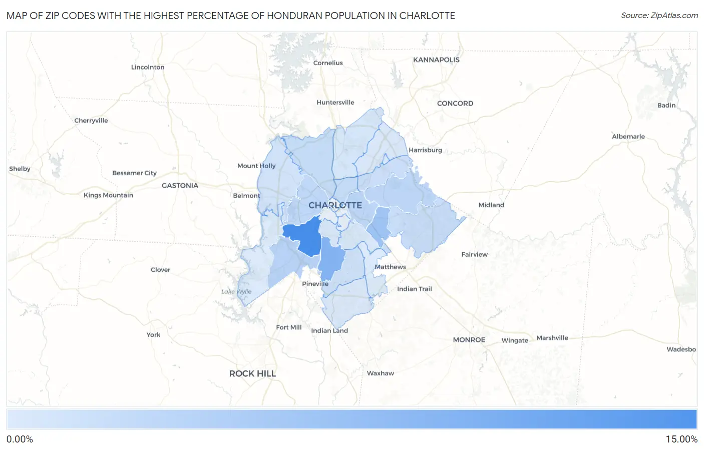 Zip Codes with the Highest Percentage of Honduran Population in Charlotte Map