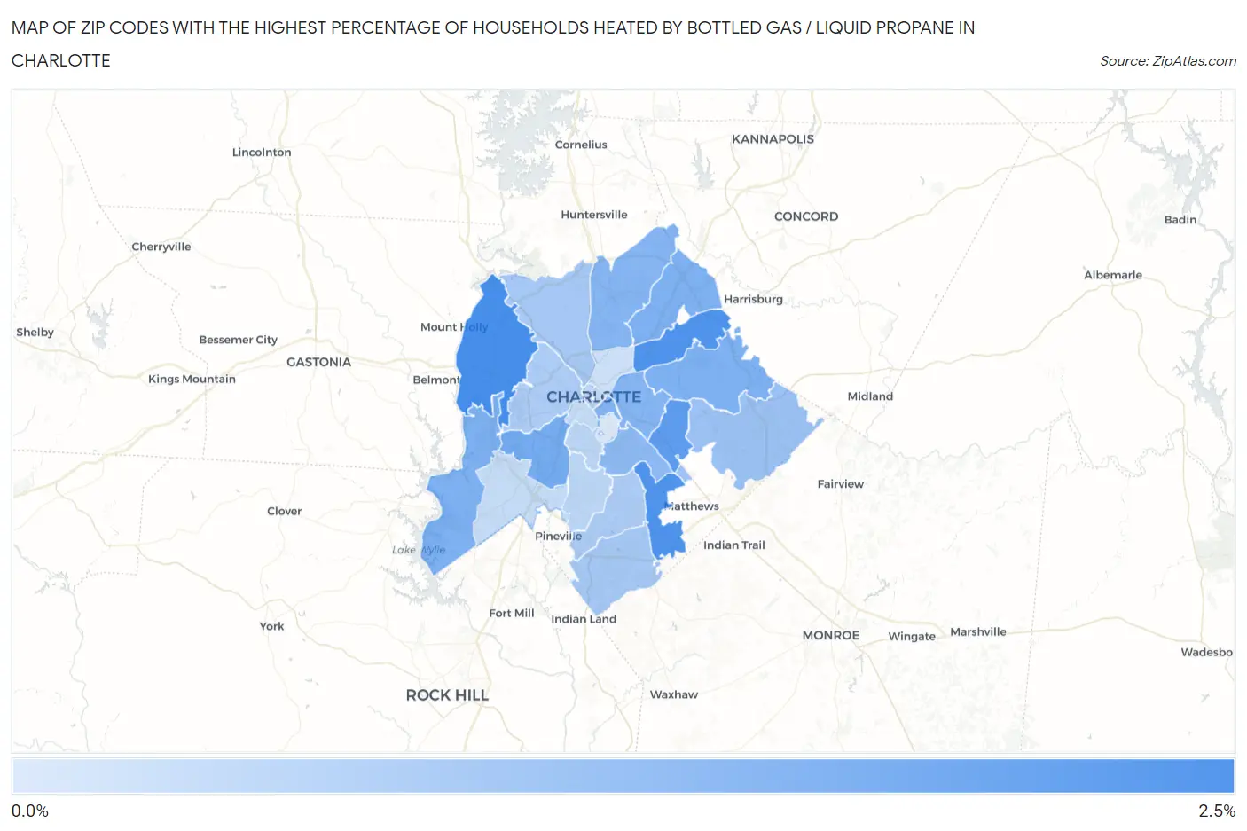 Zip Codes with the Highest Percentage of Households Heated by Bottled Gas / Liquid Propane in Charlotte Map