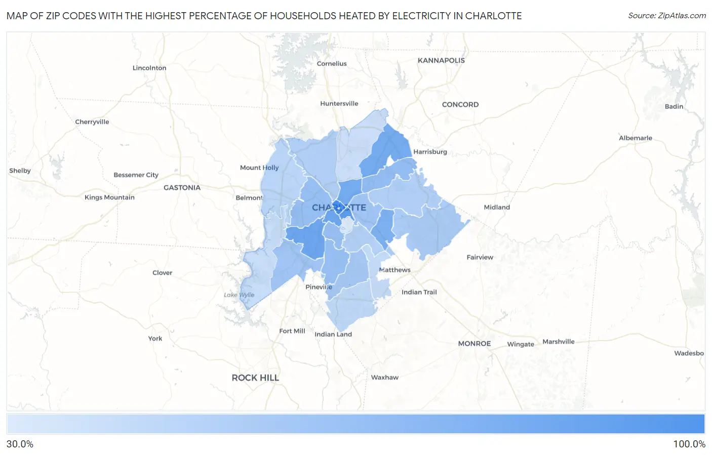 Zip Codes with the Highest Percentage of Households Heated by Electricity in Charlotte Map