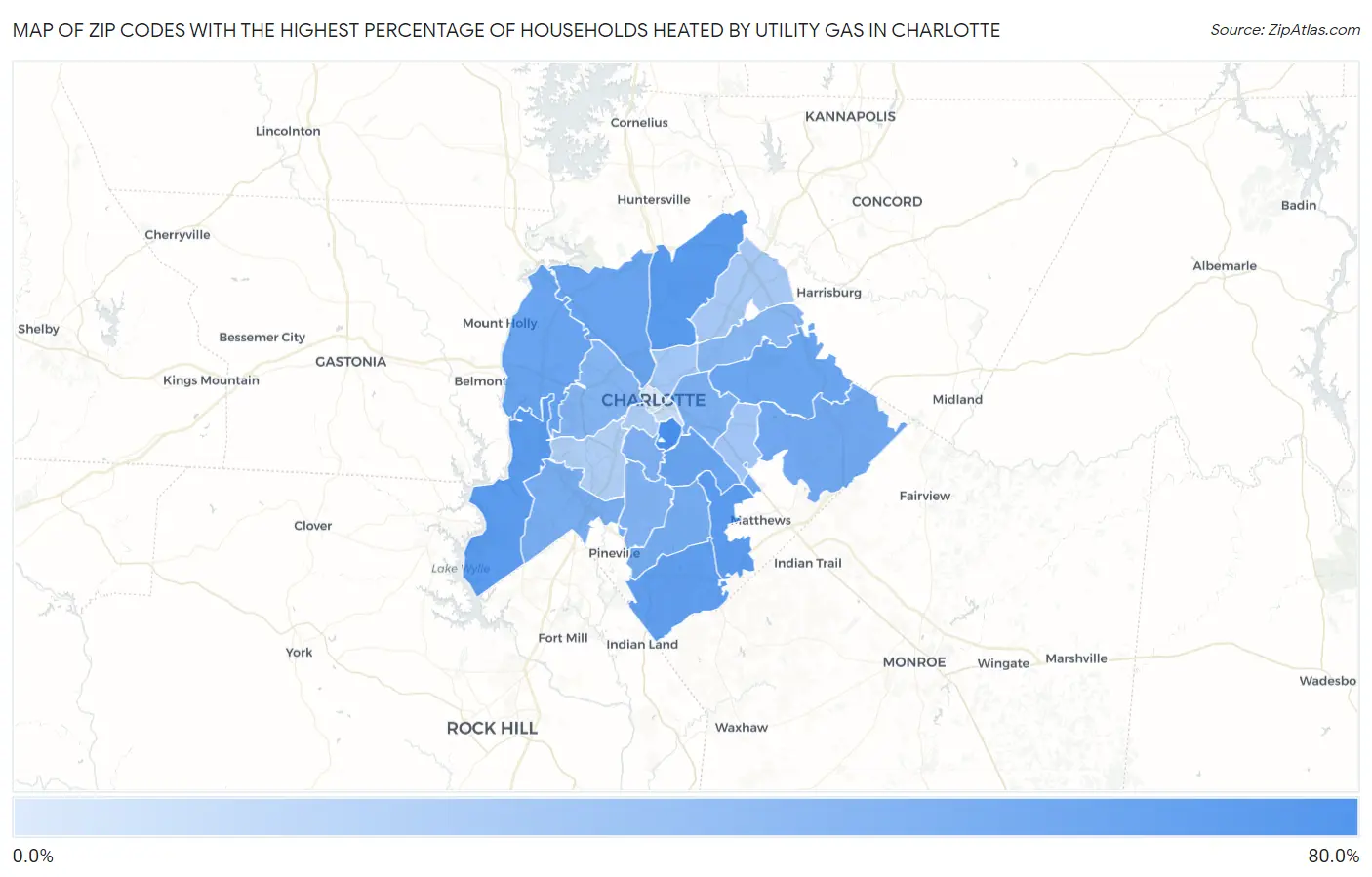 Zip Codes with the Highest Percentage of Households Heated by Utility Gas in Charlotte Map