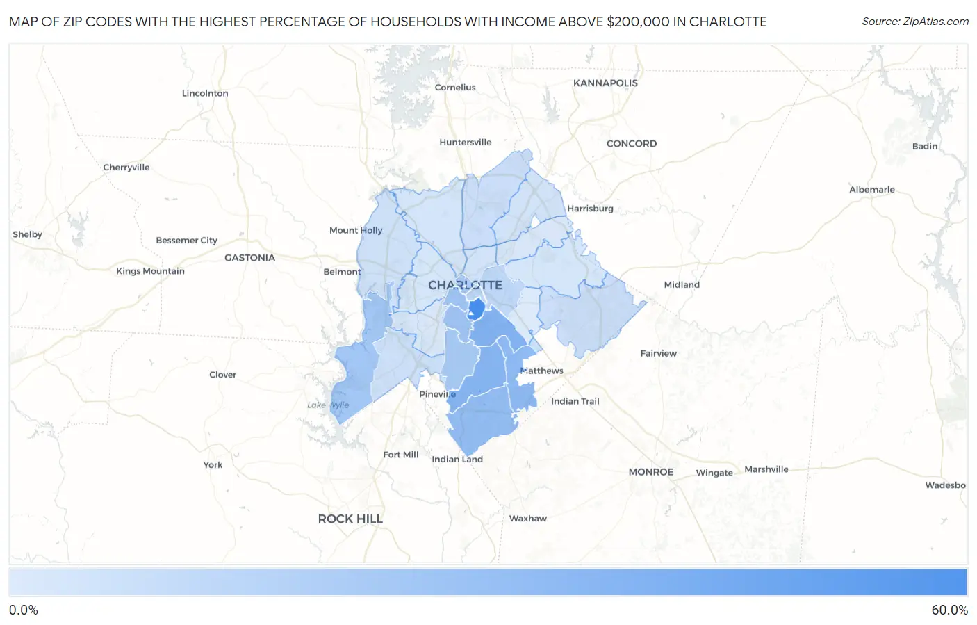 Zip Codes with the Highest Percentage of Households with Income Above $200,000 in Charlotte Map