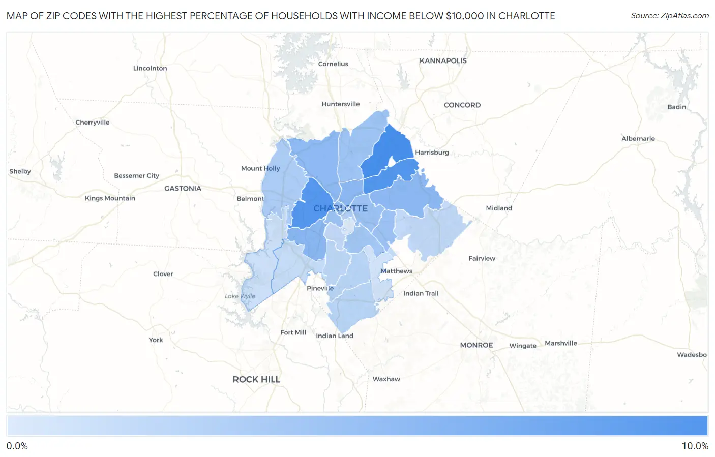Zip Codes with the Highest Percentage of Households with Income Below $10,000 in Charlotte Map
