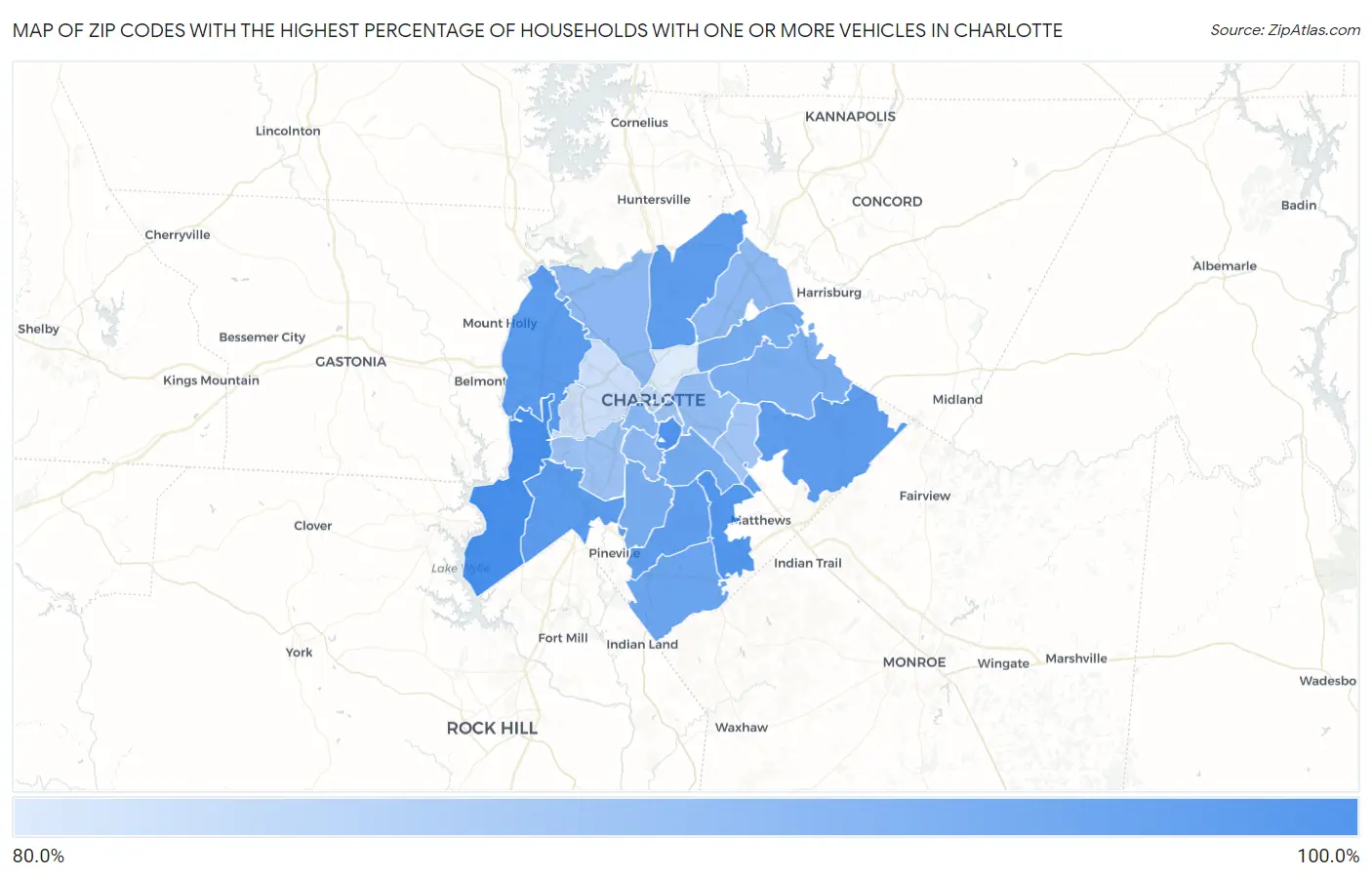 Zip Codes with the Highest Percentage of Households With One or more Vehicles in Charlotte Map