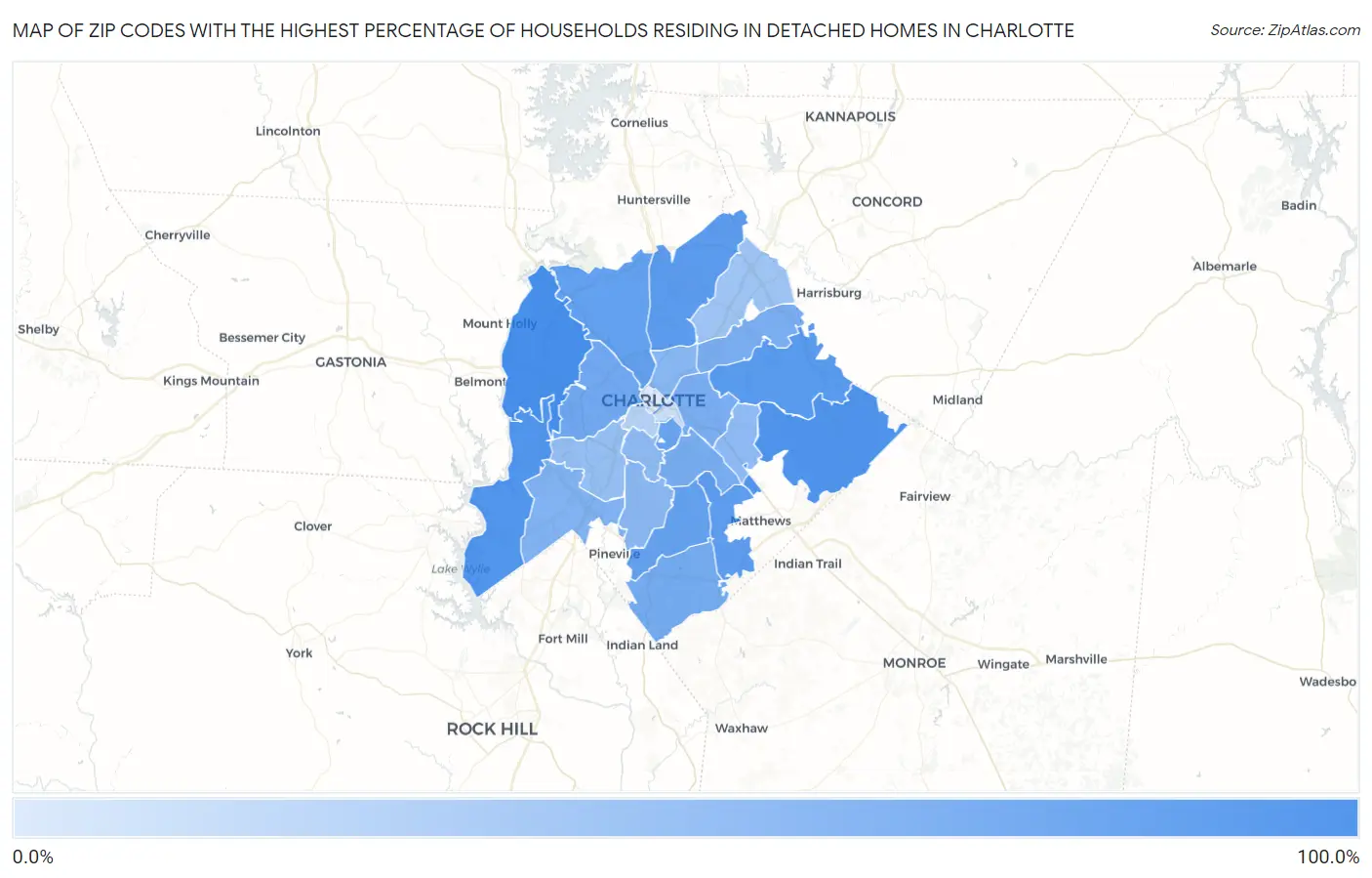 Zip Codes with the Highest Percentage of Households Residing in Detached Homes in Charlotte Map