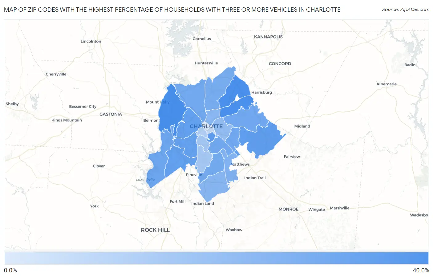 Zip Codes with the Highest Percentage of Households With Three or more Vehicles in Charlotte Map