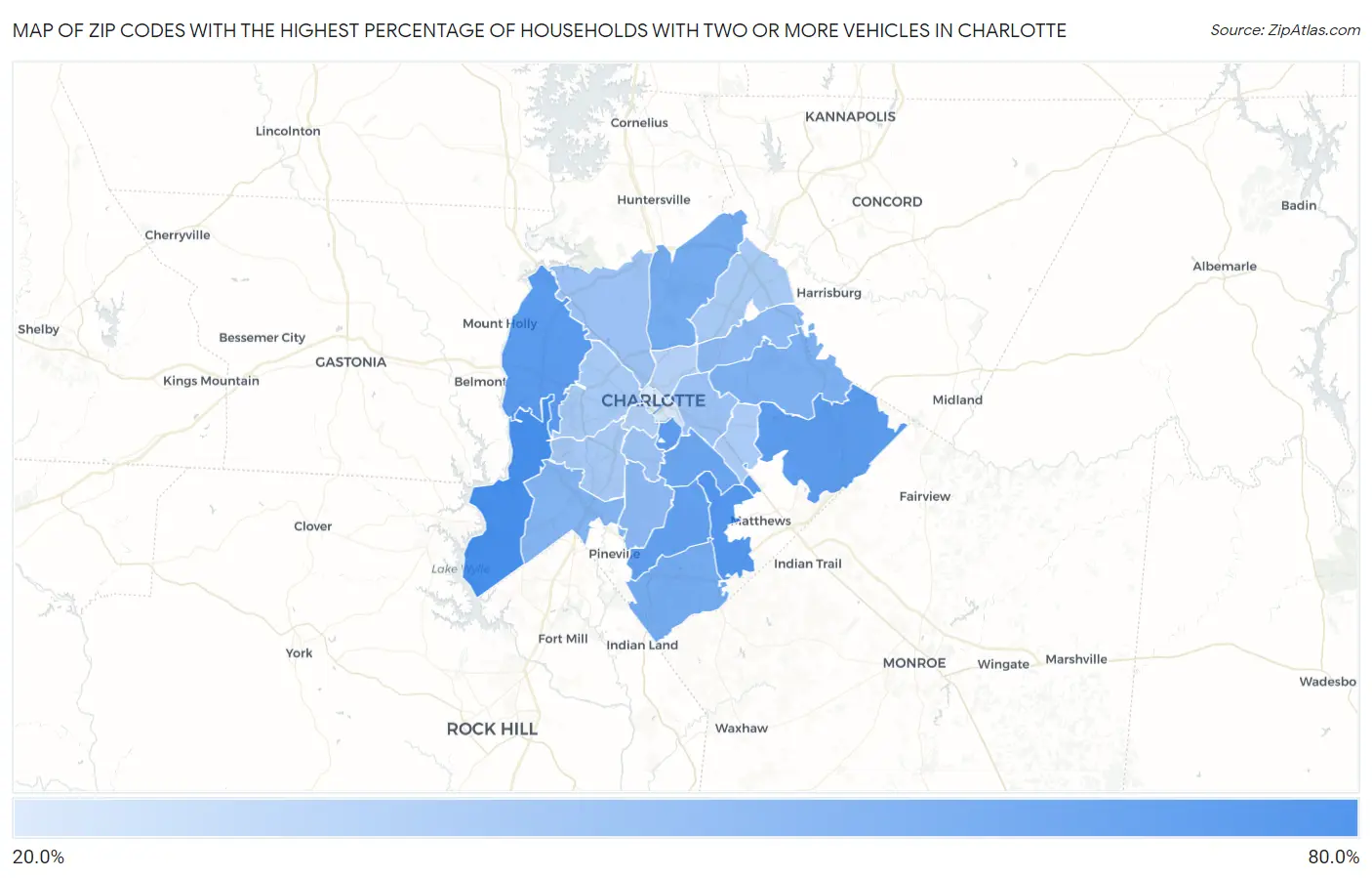 Zip Codes with the Highest Percentage of Households With Two or more Vehicles in Charlotte Map