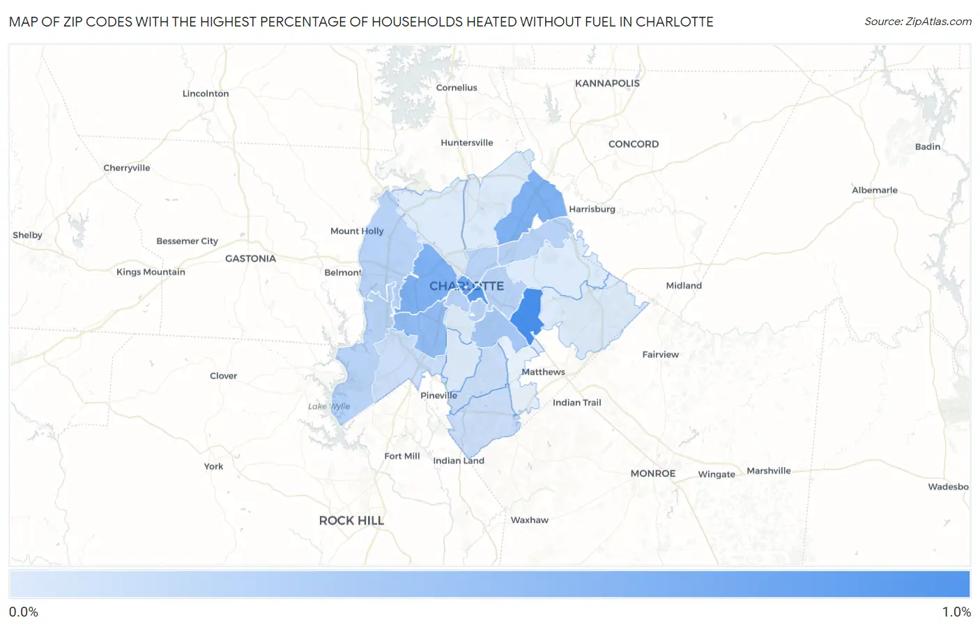 Zip Codes with the Highest Percentage of Households Heated without Fuel in Charlotte Map