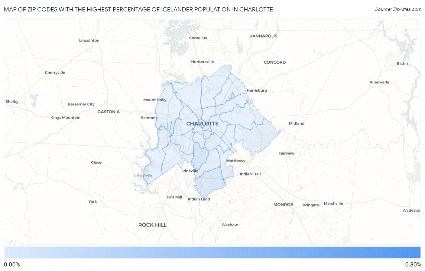 Zip Codes with the Highest Percentage of Icelander Population in Charlotte Map