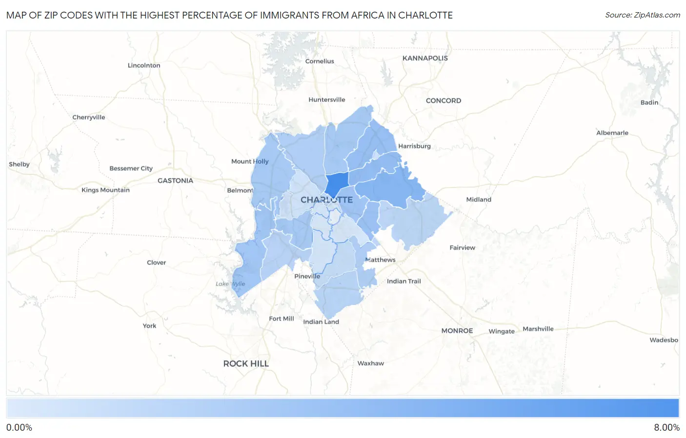 Zip Codes with the Highest Percentage of Immigrants from Africa in Charlotte Map