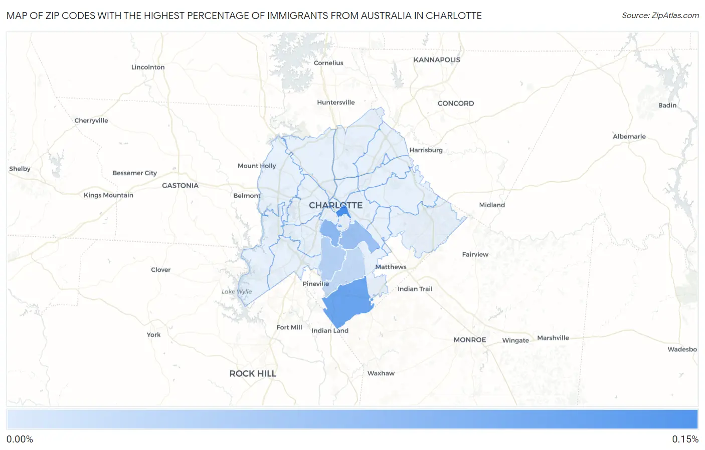 Zip Codes with the Highest Percentage of Immigrants from Australia in Charlotte Map