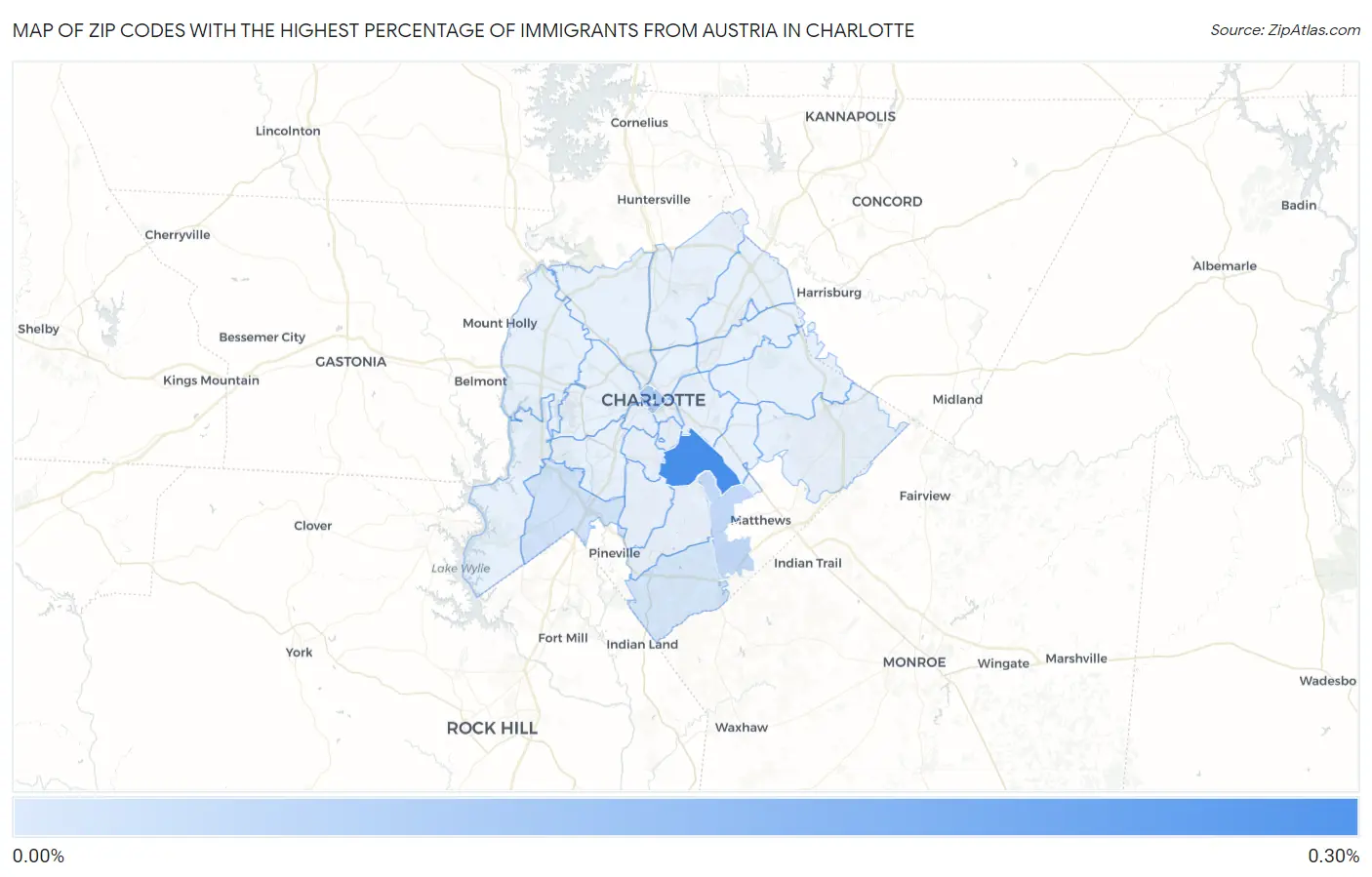 Zip Codes with the Highest Percentage of Immigrants from Austria in Charlotte Map