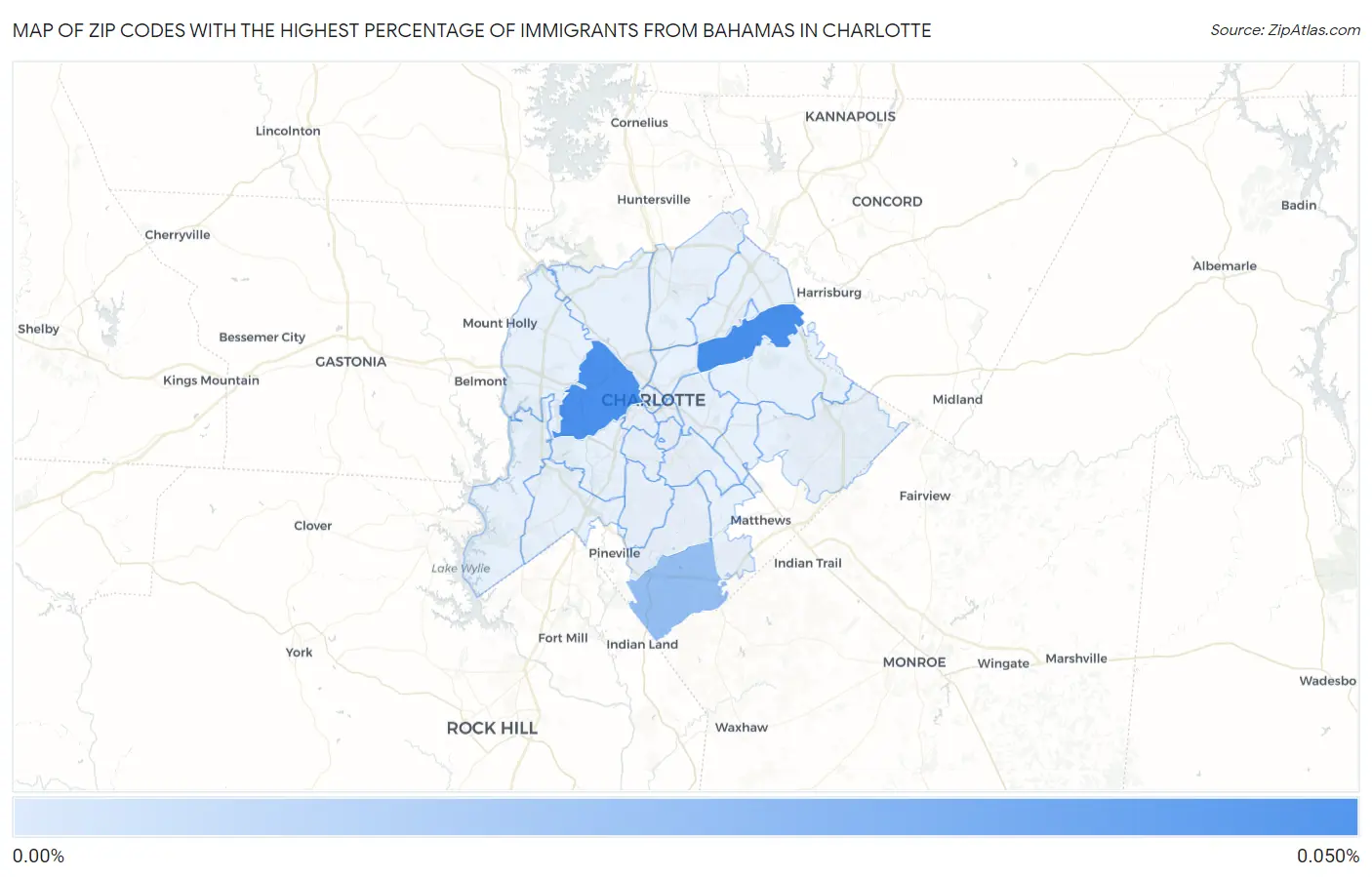 Zip Codes with the Highest Percentage of Immigrants from Bahamas in Charlotte Map