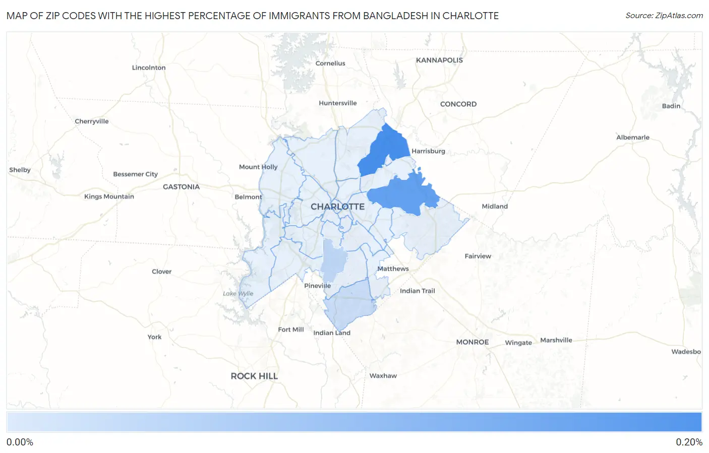 Zip Codes with the Highest Percentage of Immigrants from Bangladesh in Charlotte Map