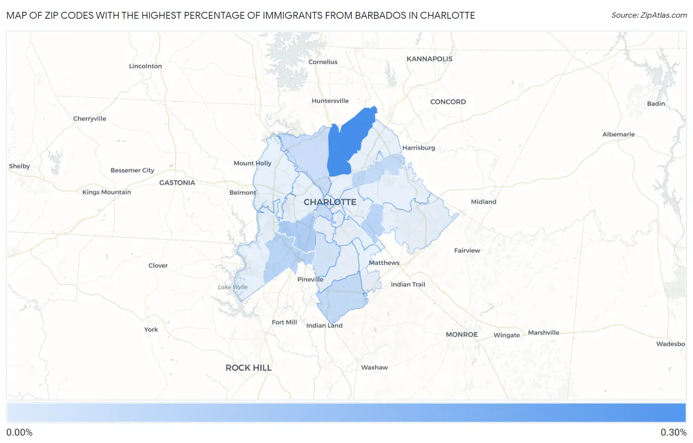 Zip Codes with the Highest Percentage of Immigrants from Barbados in Charlotte Map