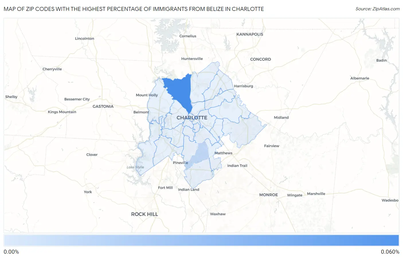 Zip Codes with the Highest Percentage of Immigrants from Belize in Charlotte Map