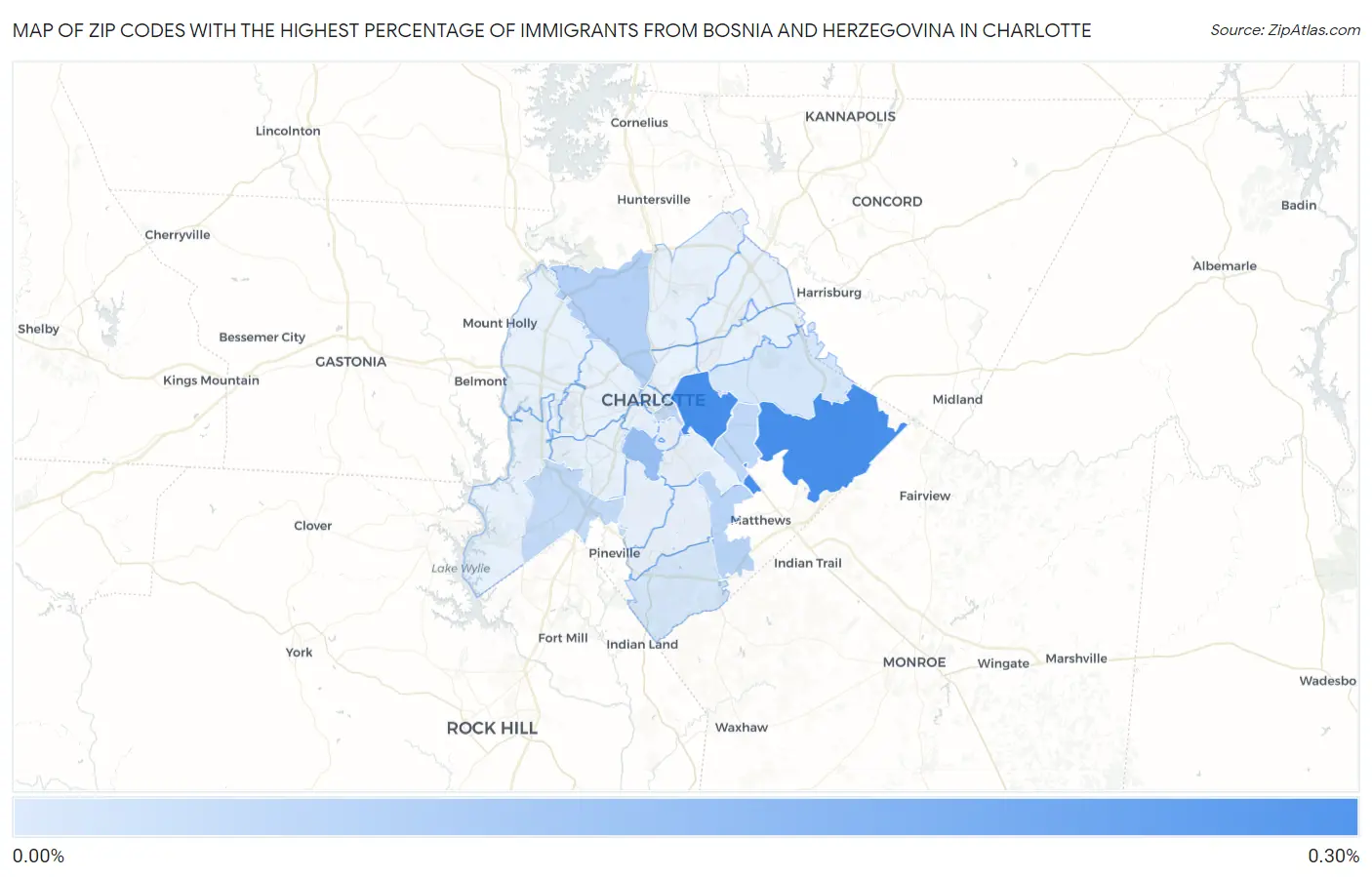 Zip Codes with the Highest Percentage of Immigrants from Bosnia and Herzegovina in Charlotte Map