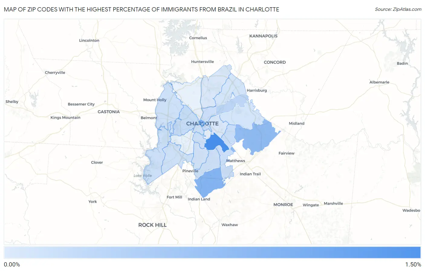 Zip Codes with the Highest Percentage of Immigrants from Brazil in Charlotte Map
