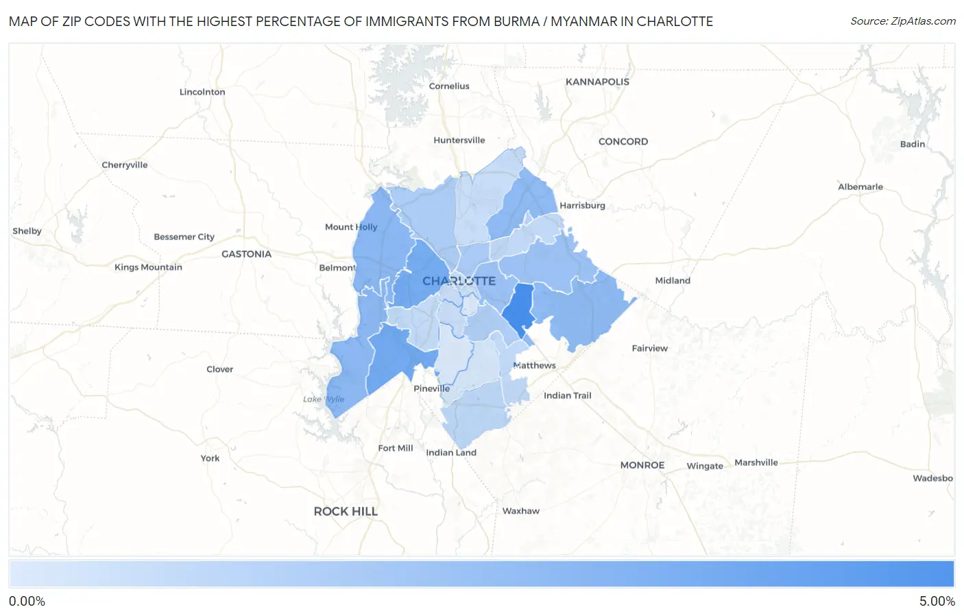 Zip Codes with the Highest Percentage of Immigrants from Burma / Myanmar in Charlotte Map