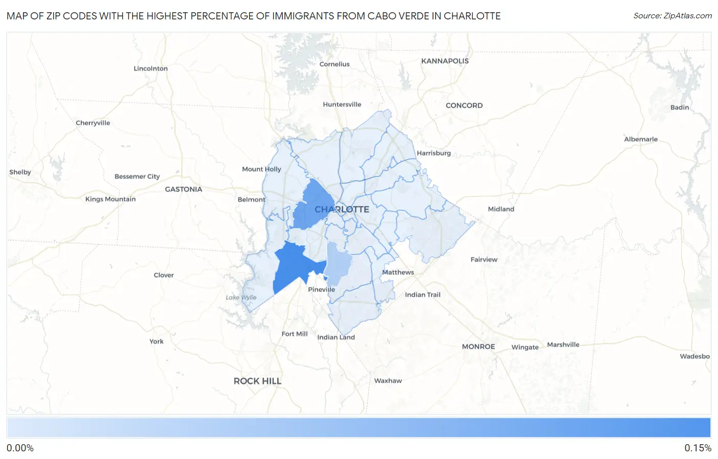 Zip Codes with the Highest Percentage of Immigrants from Cabo Verde in Charlotte Map