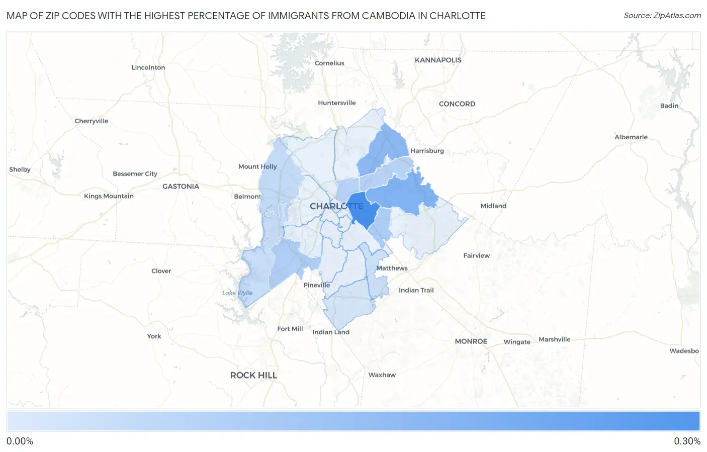 Zip Codes with the Highest Percentage of Immigrants from Cambodia in Charlotte Map