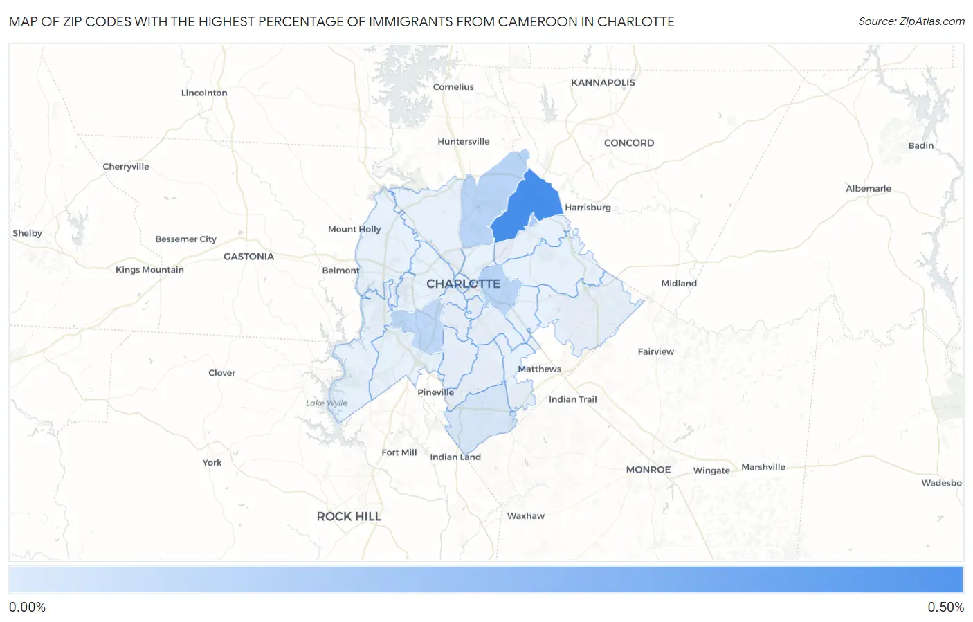 Zip Codes with the Highest Percentage of Immigrants from Cameroon in Charlotte Map