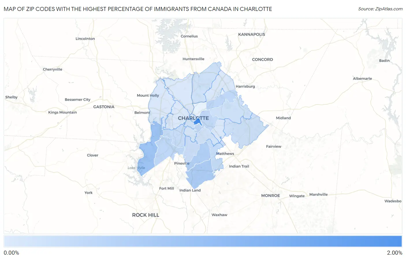 Zip Codes with the Highest Percentage of Immigrants from Canada in Charlotte Map