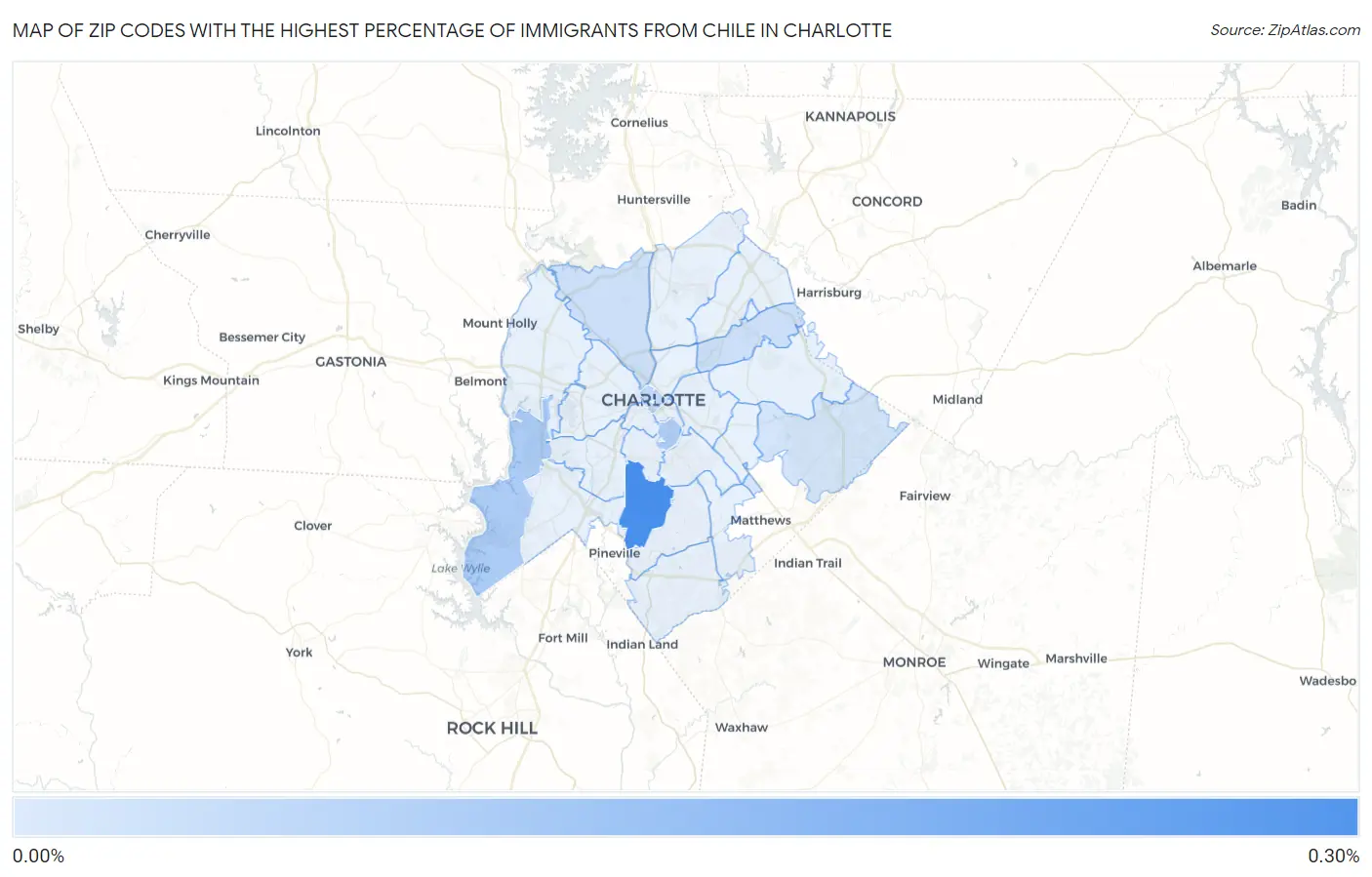 Zip Codes with the Highest Percentage of Immigrants from Chile in Charlotte Map