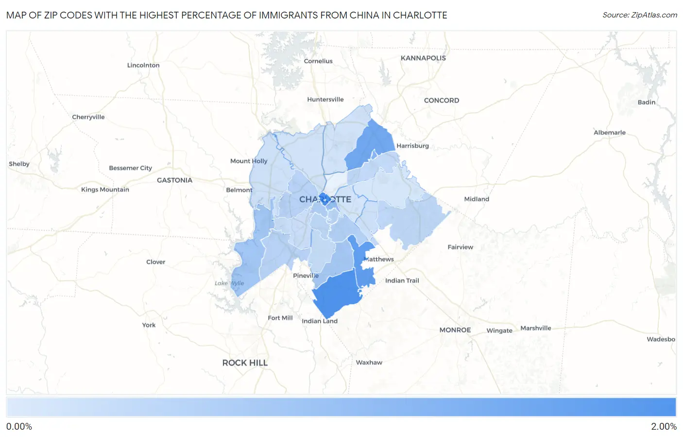 Zip Codes with the Highest Percentage of Immigrants from China in Charlotte Map