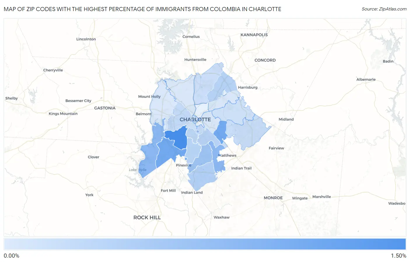 Zip Codes with the Highest Percentage of Immigrants from Colombia in Charlotte Map