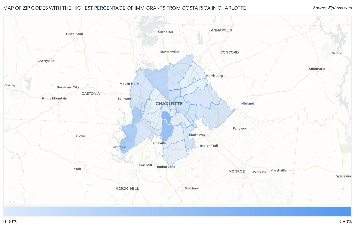 Zip Codes with the Highest Percentage of Immigrants from Costa Rica in Charlotte Map