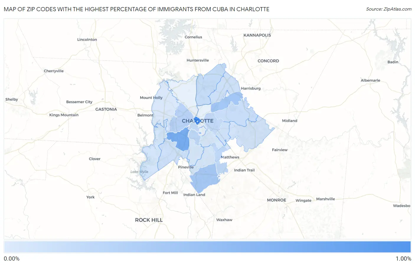 Zip Codes with the Highest Percentage of Immigrants from Cuba in Charlotte Map