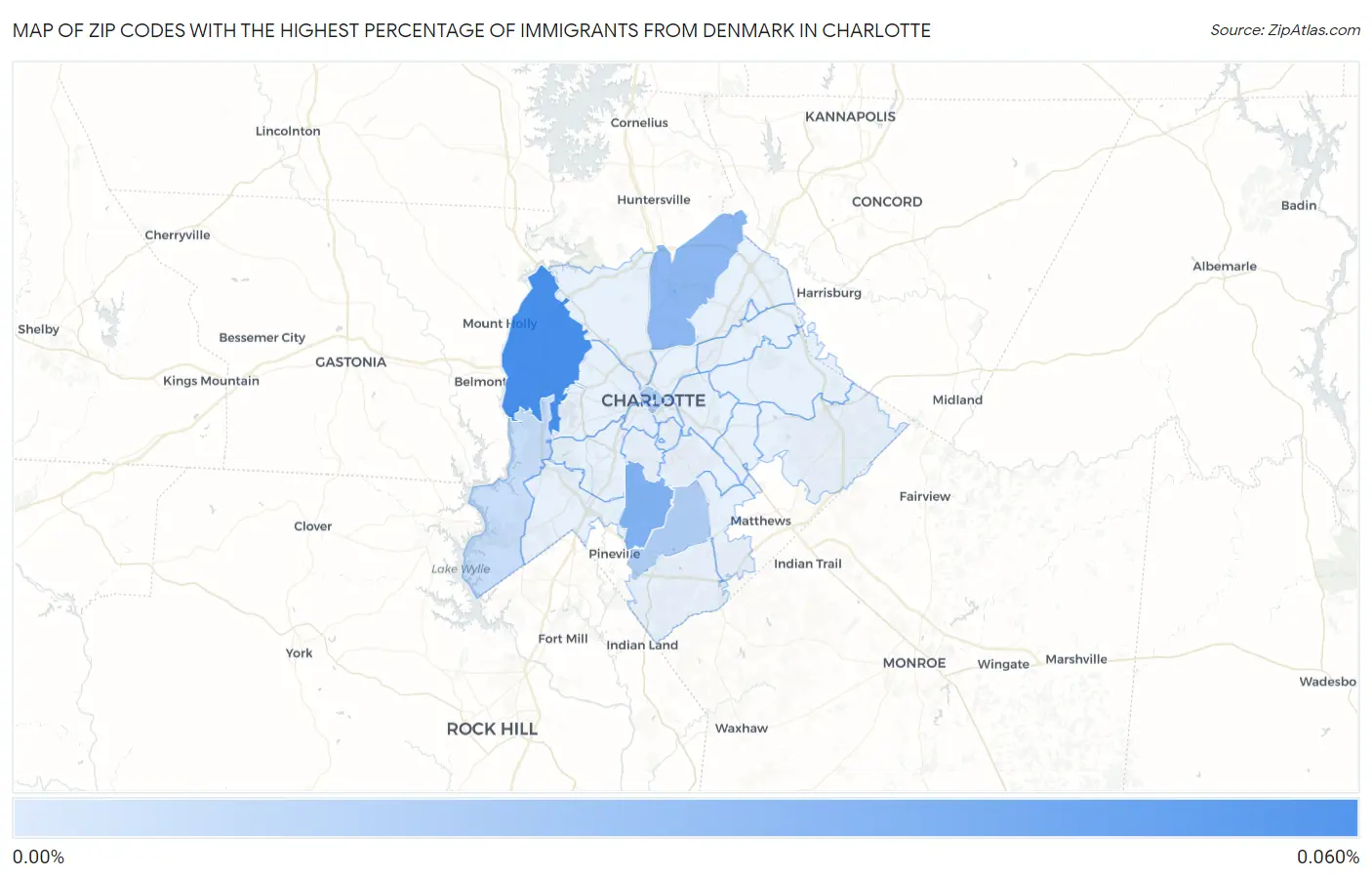 Zip Codes with the Highest Percentage of Immigrants from Denmark in Charlotte Map