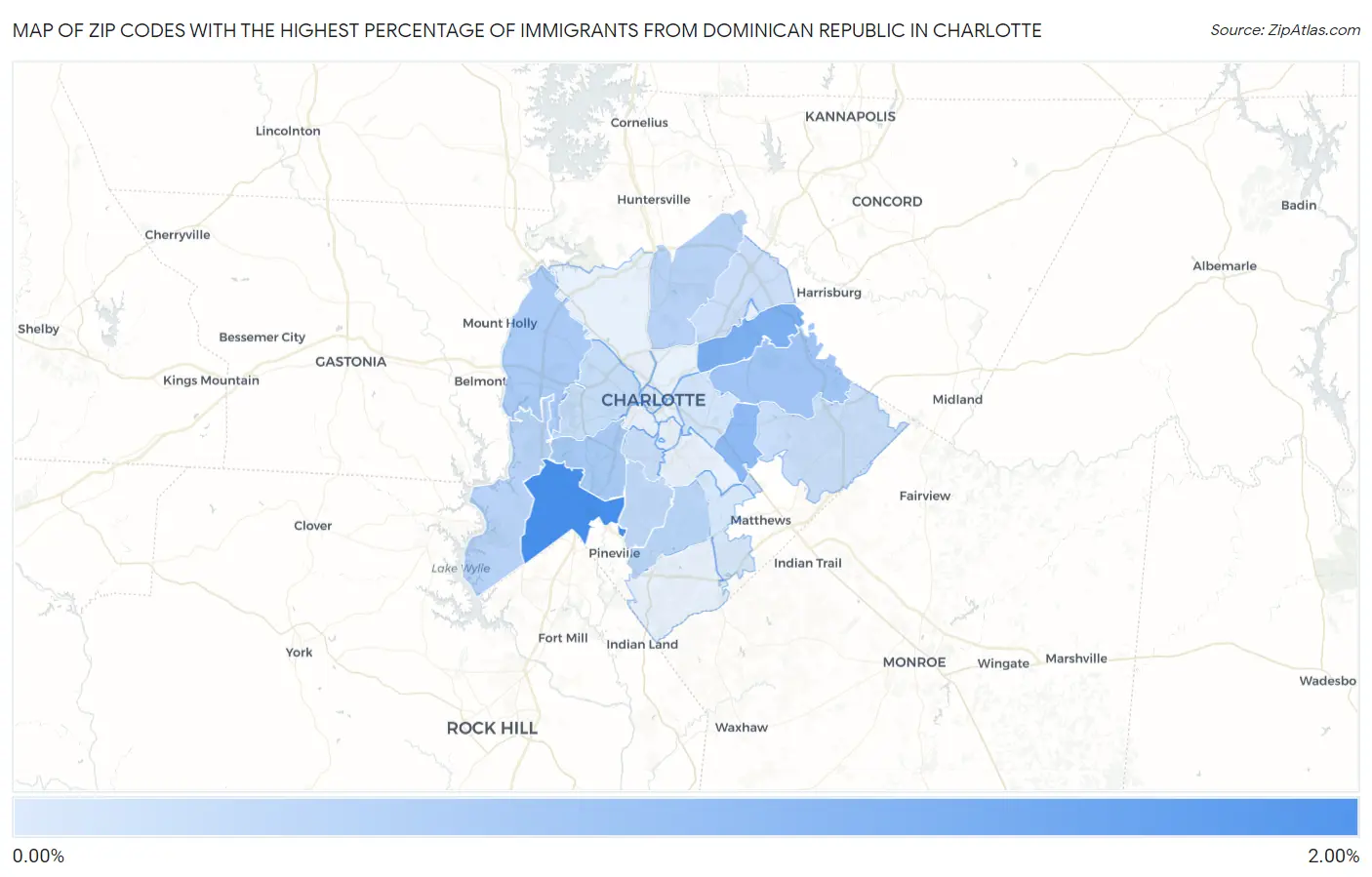 Zip Codes with the Highest Percentage of Immigrants from Dominican Republic in Charlotte Map