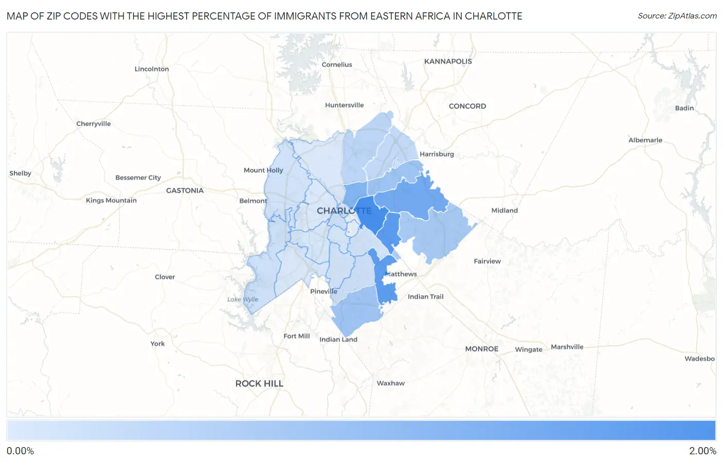 Zip Codes with the Highest Percentage of Immigrants from Eastern Africa in Charlotte Map