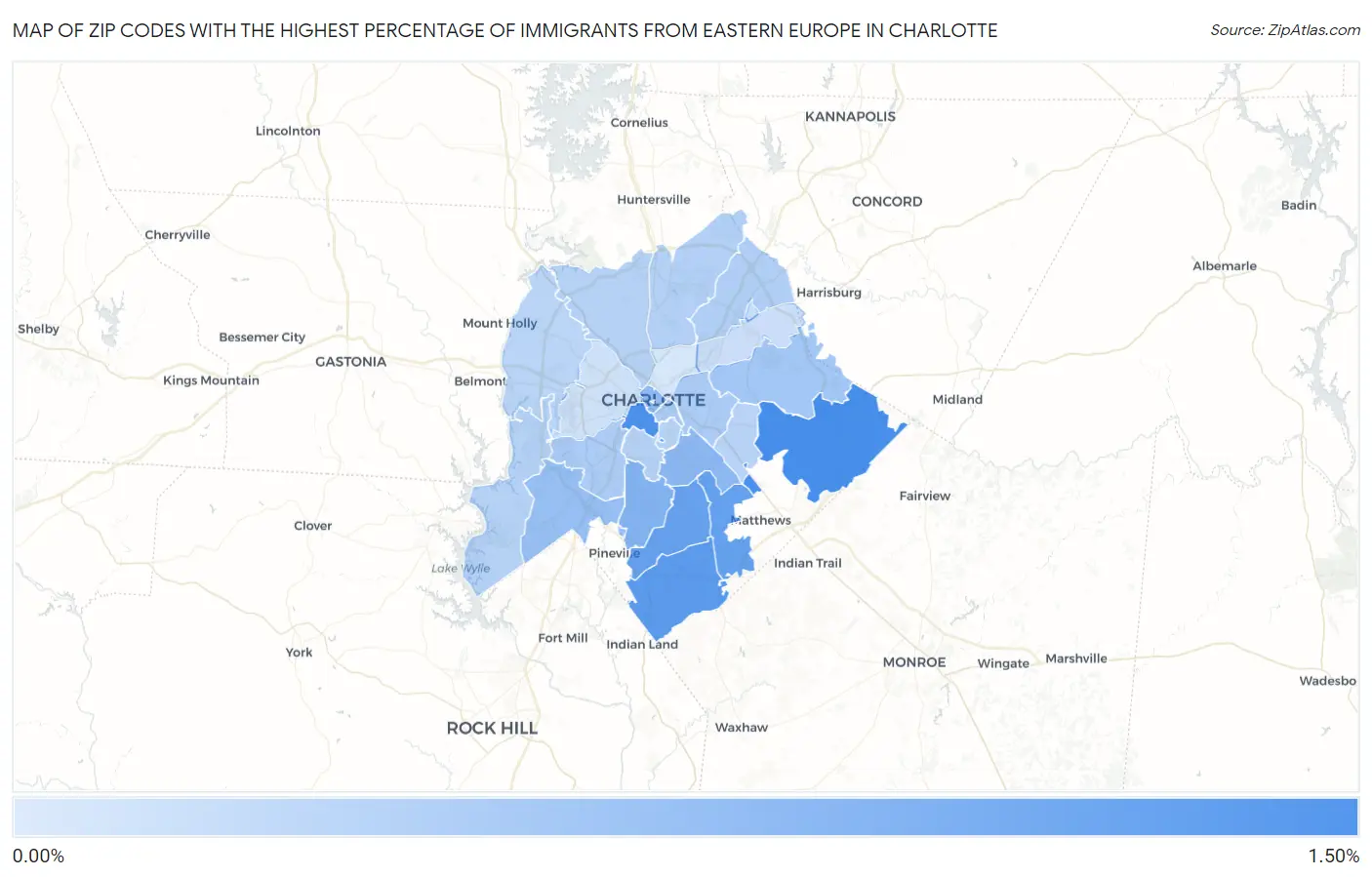 Zip Codes with the Highest Percentage of Immigrants from Eastern Europe in Charlotte Map