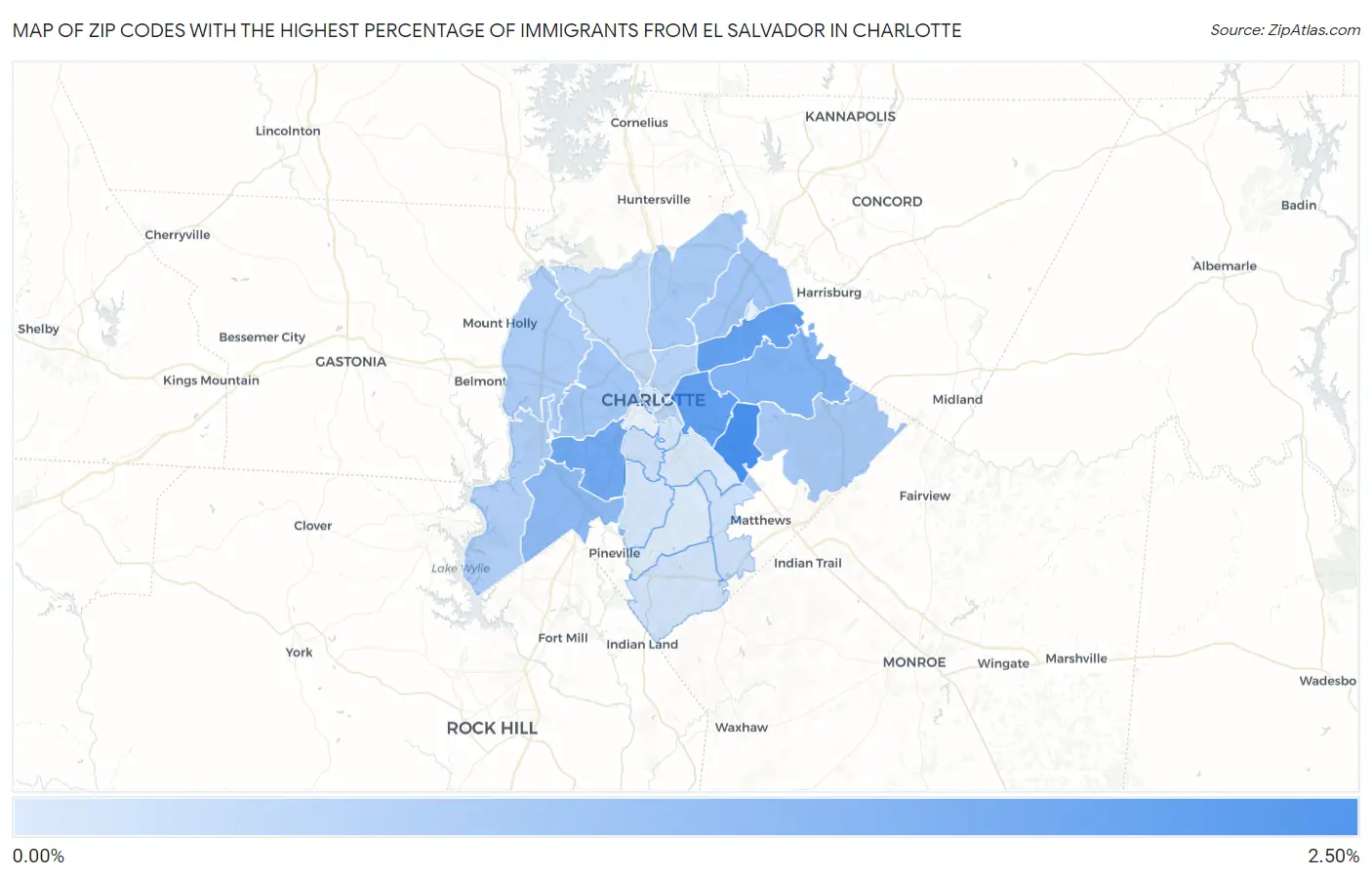 Zip Codes with the Highest Percentage of Immigrants from El Salvador in Charlotte Map