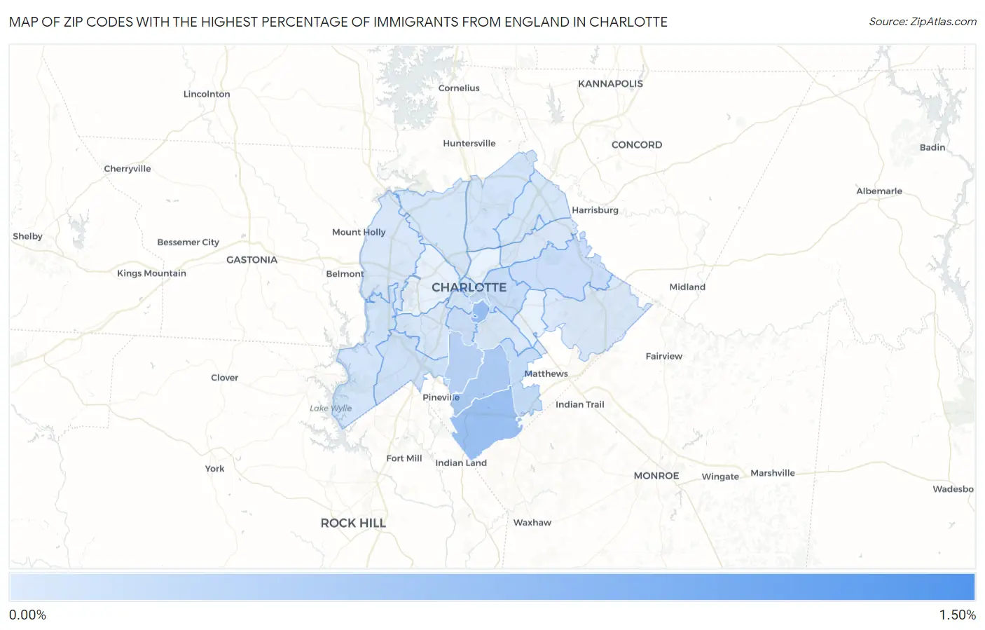 Zip Codes with the Highest Percentage of Immigrants from England in Charlotte Map