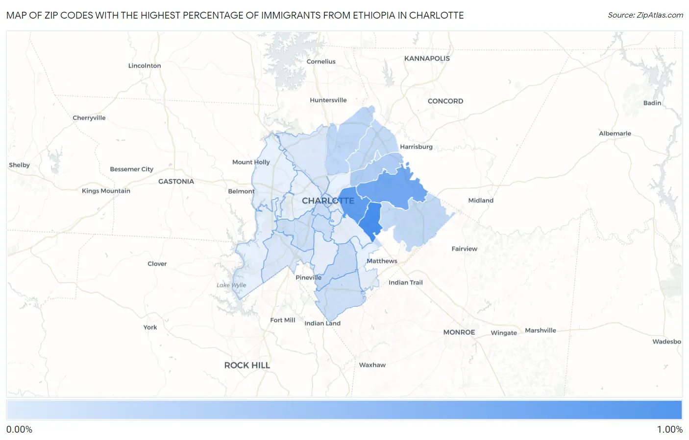 Zip Codes with the Highest Percentage of Immigrants from Ethiopia in Charlotte Map