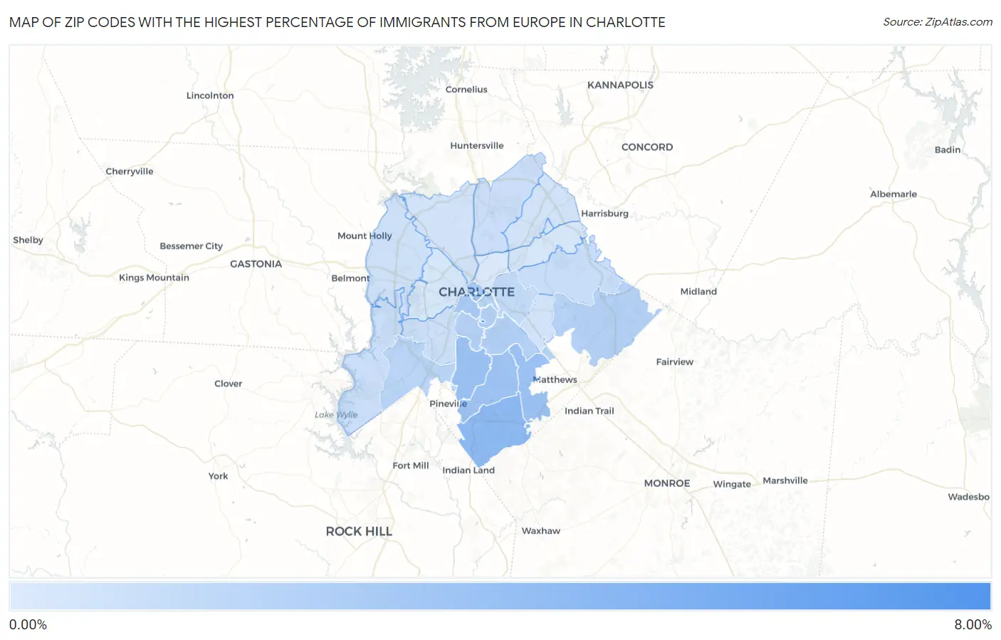 Zip Codes with the Highest Percentage of Immigrants from Europe in Charlotte Map