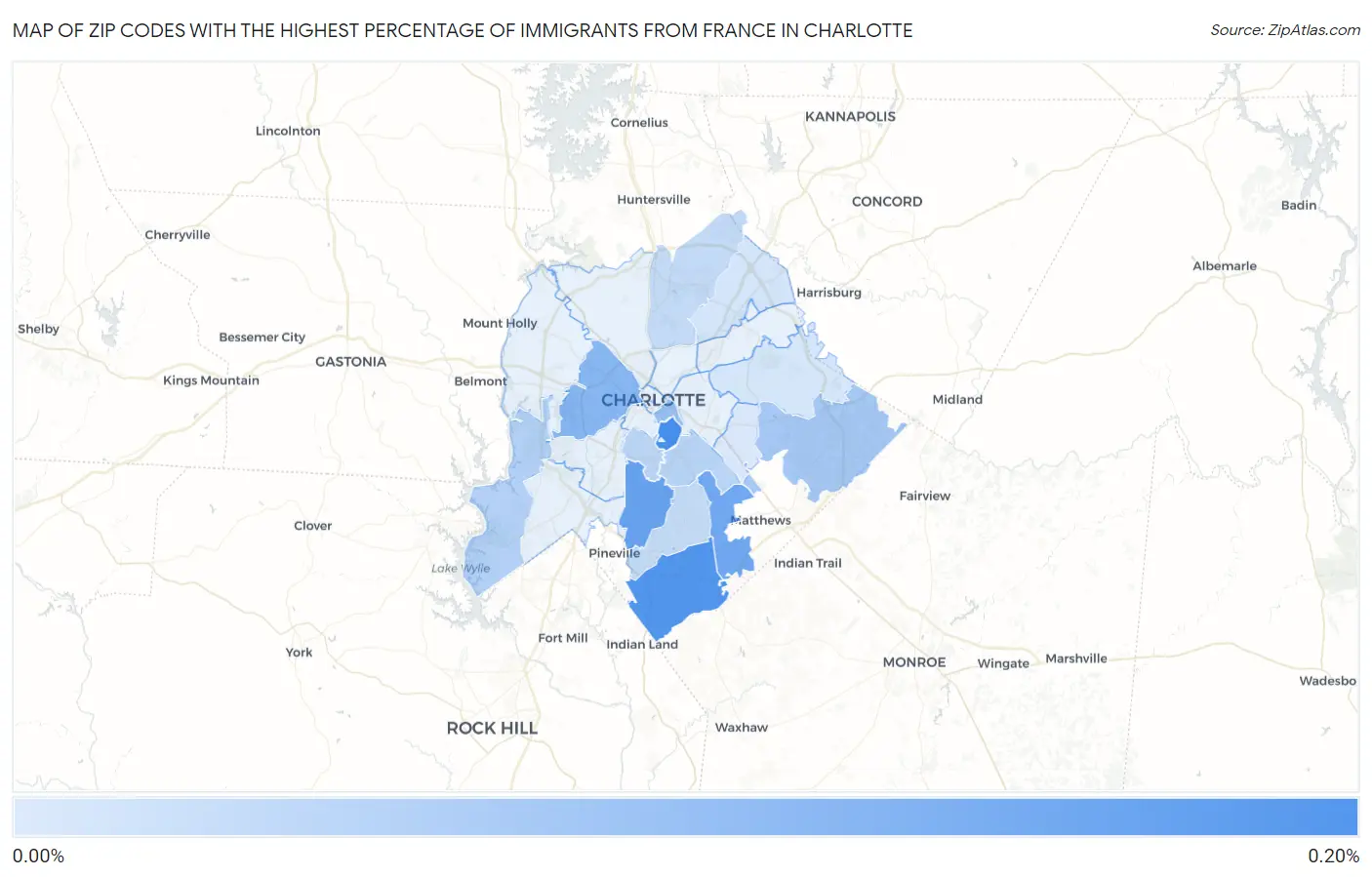 Zip Codes with the Highest Percentage of Immigrants from France in Charlotte Map