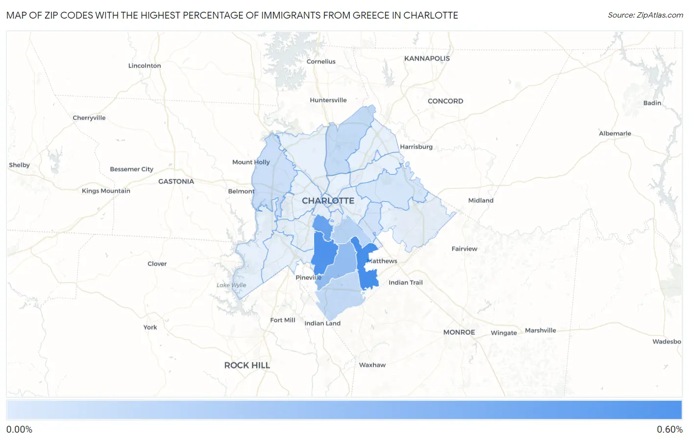 Zip Codes with the Highest Percentage of Immigrants from Greece in Charlotte Map
