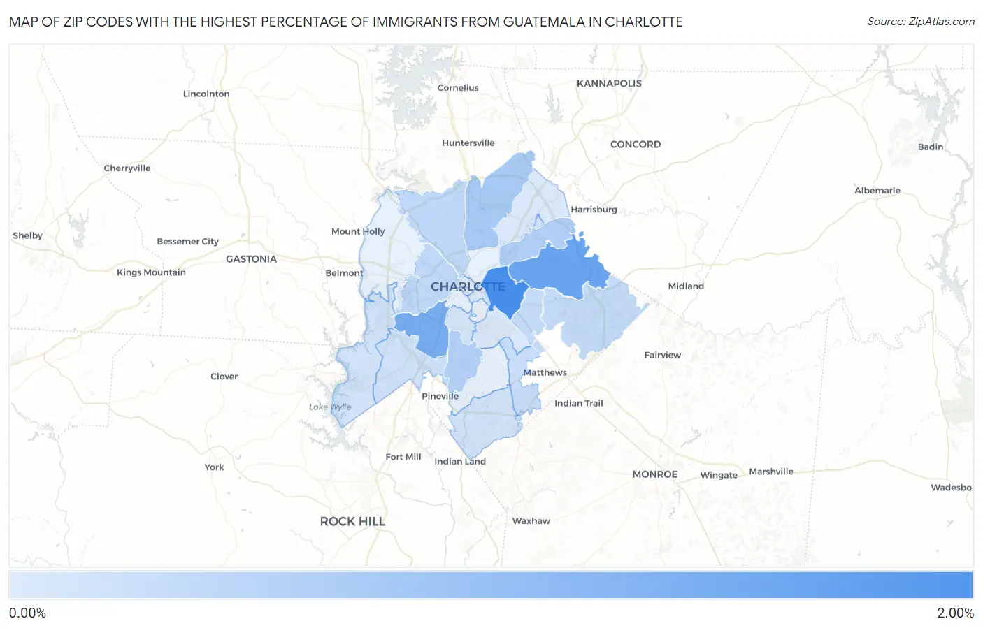 Zip Codes with the Highest Percentage of Immigrants from Guatemala in Charlotte Map